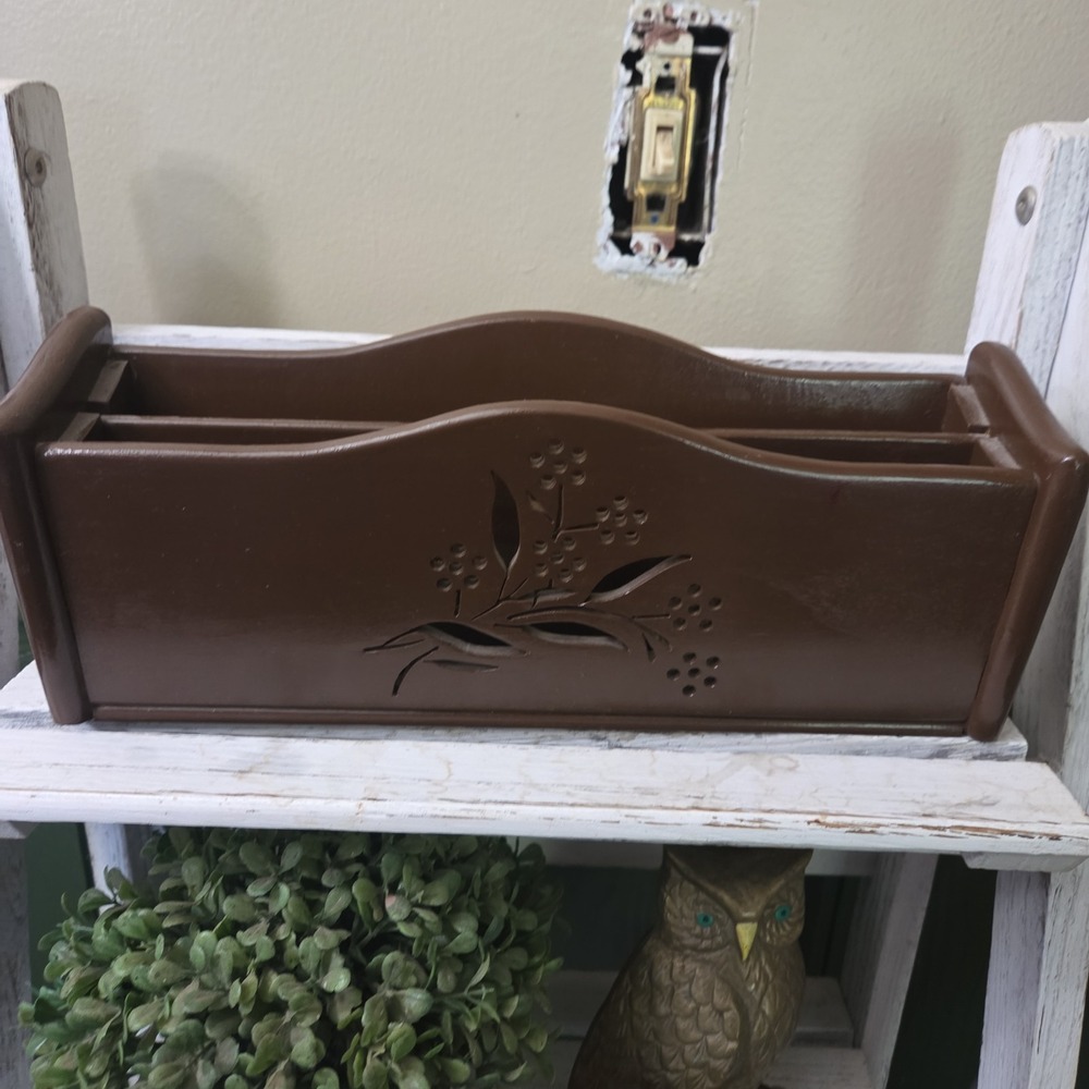 Vintage Wood Bill Letter Holder Desk Organizer Sorter Wooden Floral Country Chic